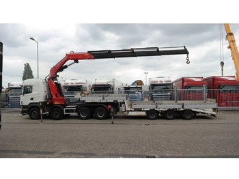 Камион влекач Scania R 480 8X4 IN COMBI WITH LIMOGES OPEN TRAILER FOR CAR AND MACHINE TRANSPORT WITH FASSI F 800 XP CRANE: слика 1