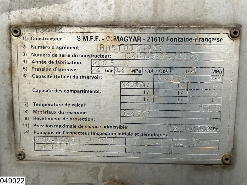 Полуприколка цистерна Magyar Chemie 34500 Liter, RVS tank, 1 Compartment: слика 3