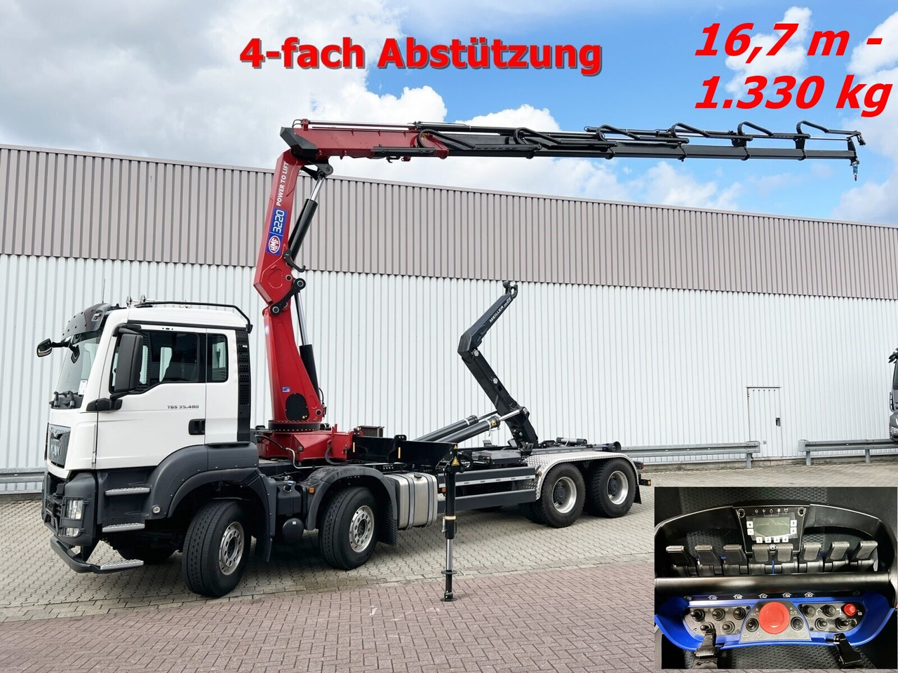 MAN TGS 35.480 8X4 BL TGS 35.480 8X4 BL, Intarder, Kran HMF 3220-K6, 4-fach Abstützung, Funk - Камион со кука за подигање, Камион со кран: слика 1 MAN TGS 35.480 8X4 BL TGS 35.480 8X4 BL, Intarder, Kran HMF 3220-K6, 4-fach Abstützung, Funk - Камион со кука за подигање, Камион со кран: слика 1