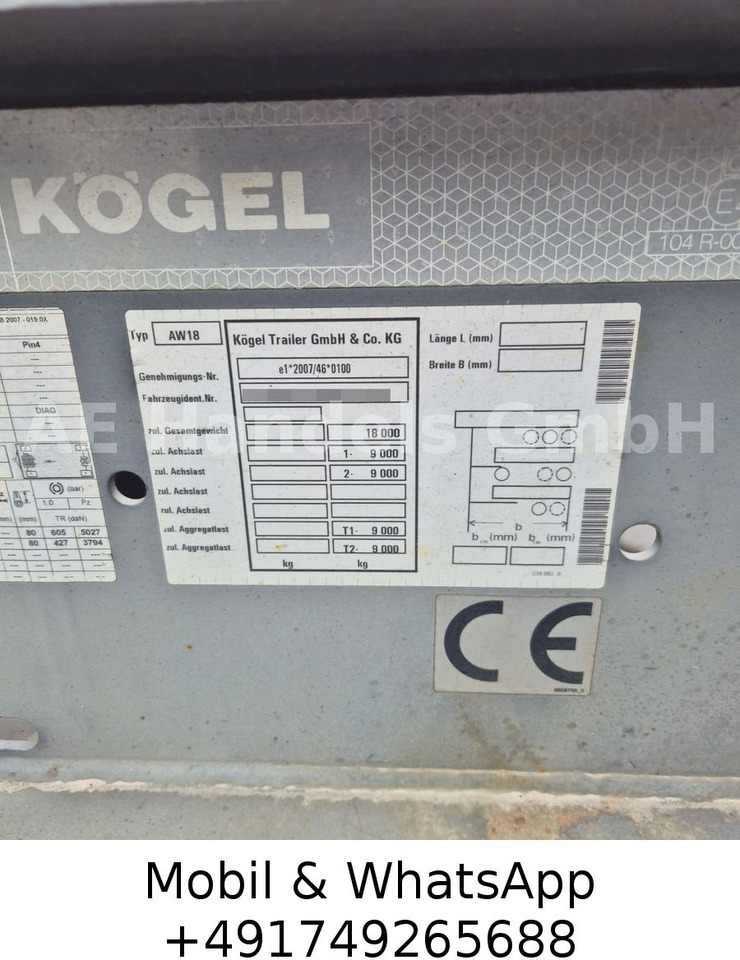 Транспортер на контејнер/ Приколка со променливо тело Kögel AW 18 BDF Drehschemel *Scheibenbremsen/Vollluft: слика 11 Транспортер на контејнер/ Приколка со променливо тело Kögel AW 18 BDF Drehschemel *Scheibenbremsen/Vollluft: слика 11