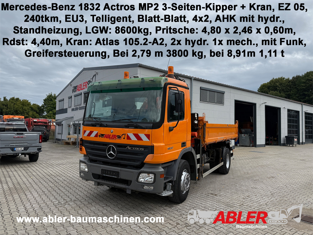Mercedes-Benz 1832 Actros MP2 3-Seiten-Kipper mit Kran + Funk - Кипер, Камион со кран: слика 1 Mercedes-Benz 1832 Actros MP2 3-Seiten-Kipper mit Kran + Funk - Кипер, Камион со кран: слика 1