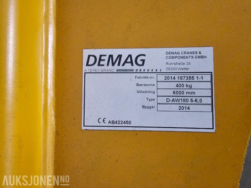 2014 Demag D-AW180 5-6,0 Svingkran med kjettingtalje – 400 kg / 6 meter - Кран: слика 3 2014 Demag D-AW180 5-6,0 Svingkran med kjettingtalje – 400 kg / 6 meter - Кран: слика 3