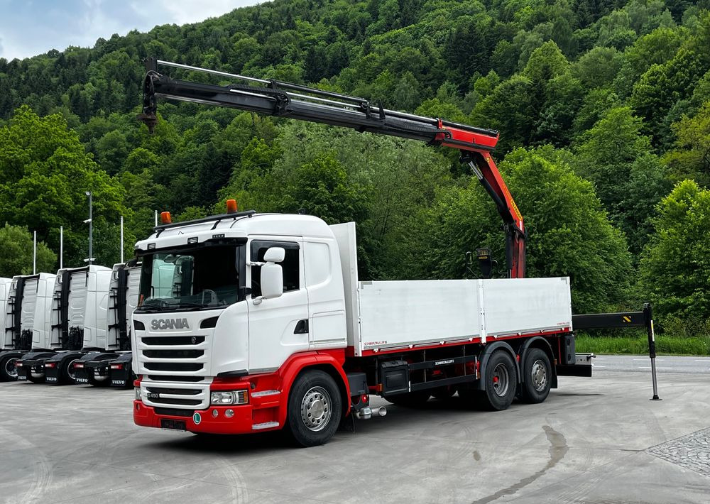 Scania G450 // 6x2// Skrzynia 6.40x2.49 // HDS Palfinger // Oś skrętna podnoszona // - Камион со платформа, Камион со кран: слика 1 Scania G450 // 6x2// Skrzynia 6.40x2.49 // HDS Palfinger // Oś skrętna podnoszona // - Камион со платформа, Камион со кран: слика 1