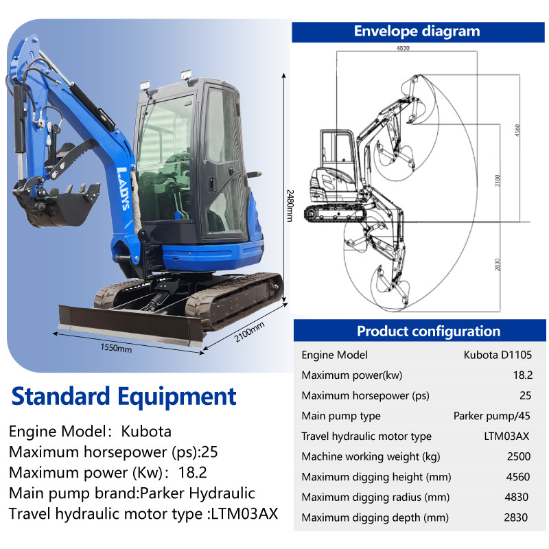 LADYS DY25U Mini Excavator Euro 5/Epa Engine Kubota Mini Excavator For Sale - Мини багер: слика 2 LADYS DY25U Mini Excavator Euro 5/Epa Engine Kubota Mini Excavator For Sale - Мини багер: слика 2