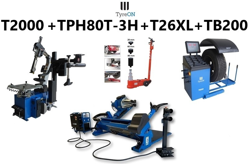 T2000 60 Inch truck tyre changer+ TPH80T-3H 3-stage air hydraulic jack + T26XL 26 Inch leverless tyre changer with airbooster + TB200 truck / bus / car wheel balancer 200 kg wheel lift - Опрема за работилница: слика 1 T2000 60 Inch truck tyre changer+ TPH80T-3H 3-stage air hydraulic jack + T26XL 26 Inch leverless tyre changer with airbooster + TB200 truck / bus / car wheel balancer 200 kg wheel lift - Опрема за работилница: слика 1