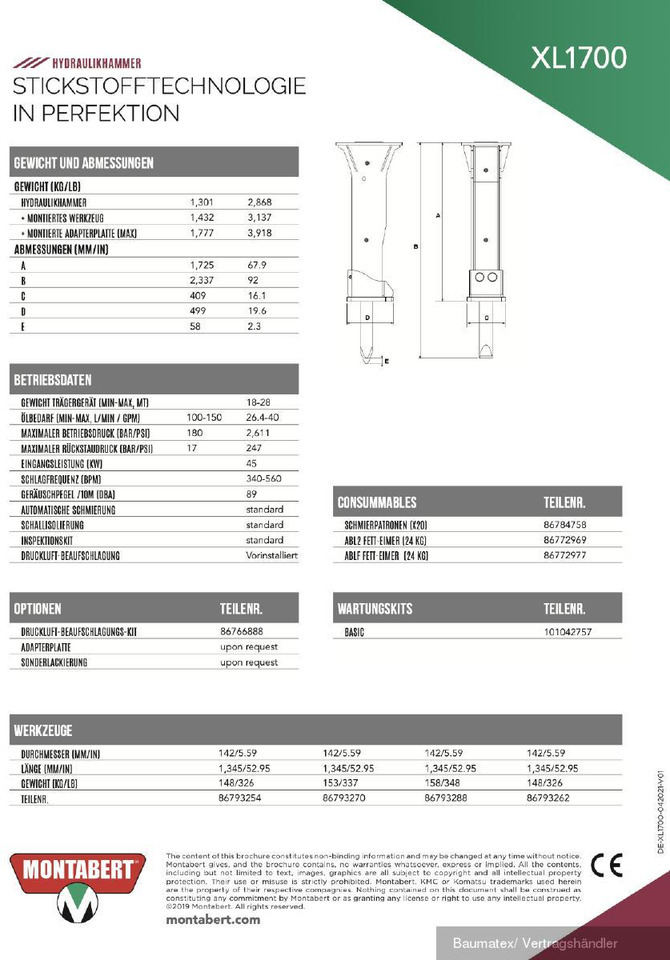 Нов Хидрауличен чекан за Градежна машина Montabert XL2700, XL1900, XL1700, XL1300, XL1000: слика 6