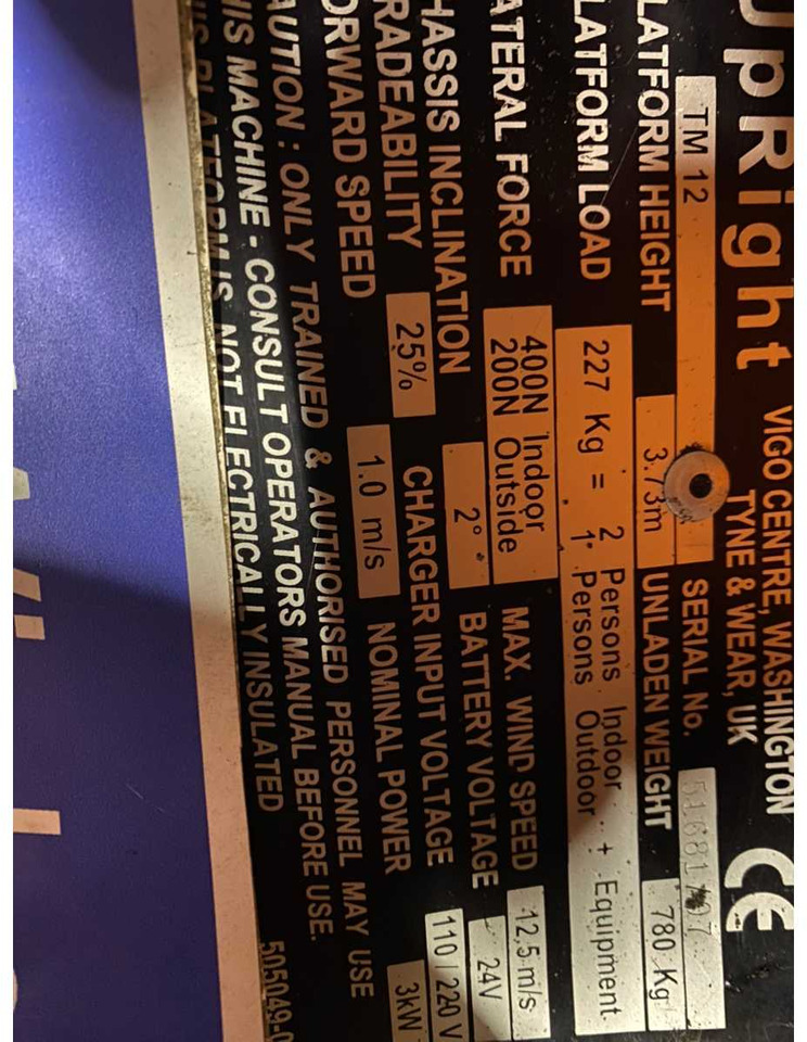 Дигачка платформа UPRIGHT TM12 AERIAL WORK PLATFORM: слика 15