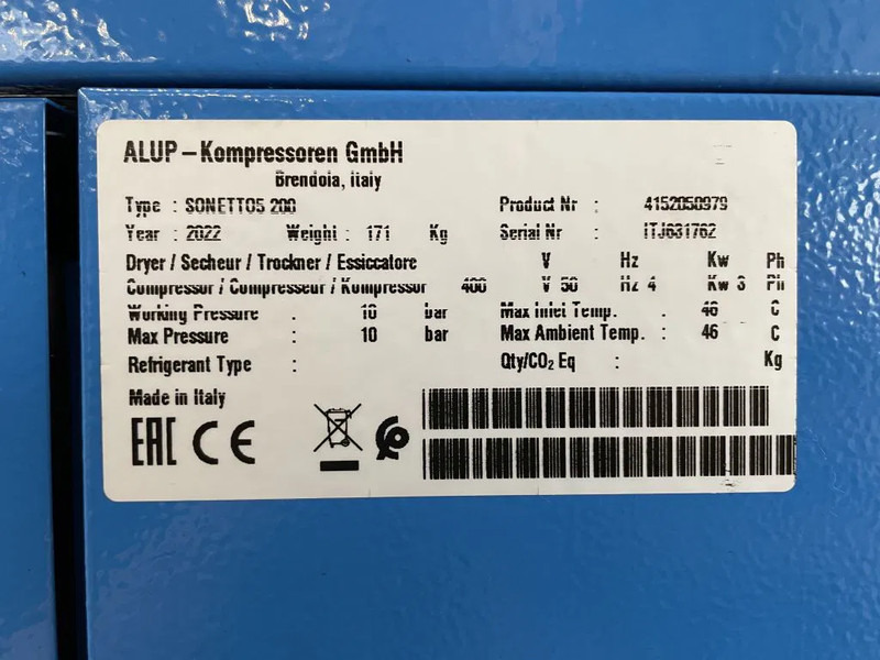 Alup Sonetto 5 - 200 Elektrische Schroefcompressor 4 kW 470 L/Min 10 Bar op ketel - Компресор за воздух: слика 3 Alup Sonetto 5 - 200 Elektrische Schroefcompressor 4 kW 470 L/Min 10 Bar op ketel - Компресор за воздух: слика 3