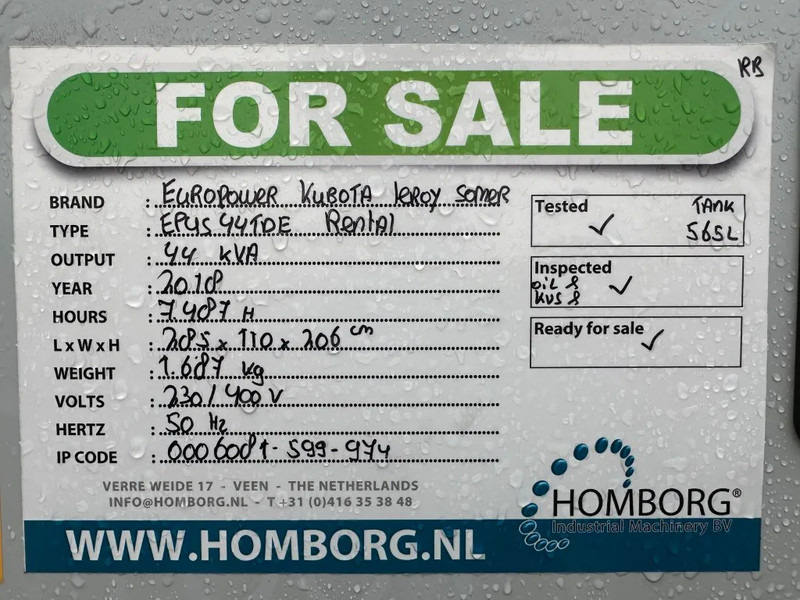 Генераторска поставка Europower EPUS44TDE Kubota Leroy Somer 44 kVA Supersilent Rentalg eneratorset 2018 !: слика 19 Генераторска поставка Europower EPUS44TDE Kubota Leroy Somer 44 kVA Supersilent Rentalg eneratorset 2018 !: слика 19