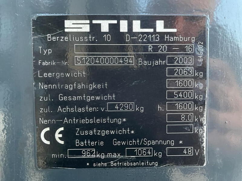 Still R20-16 Elektra 1.6 ton Triplex Freelift Sideshift Heftruck - Електричен вилушкар: слика 3 Still R20-16 Elektra 1.6 ton Triplex Freelift Sideshift Heftruck - Електричен вилушкар: слика 3